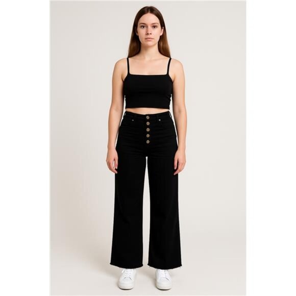 Mittoshop Twill High Waisted Button Fly Wide Leg Pants - Picture 2 of 5